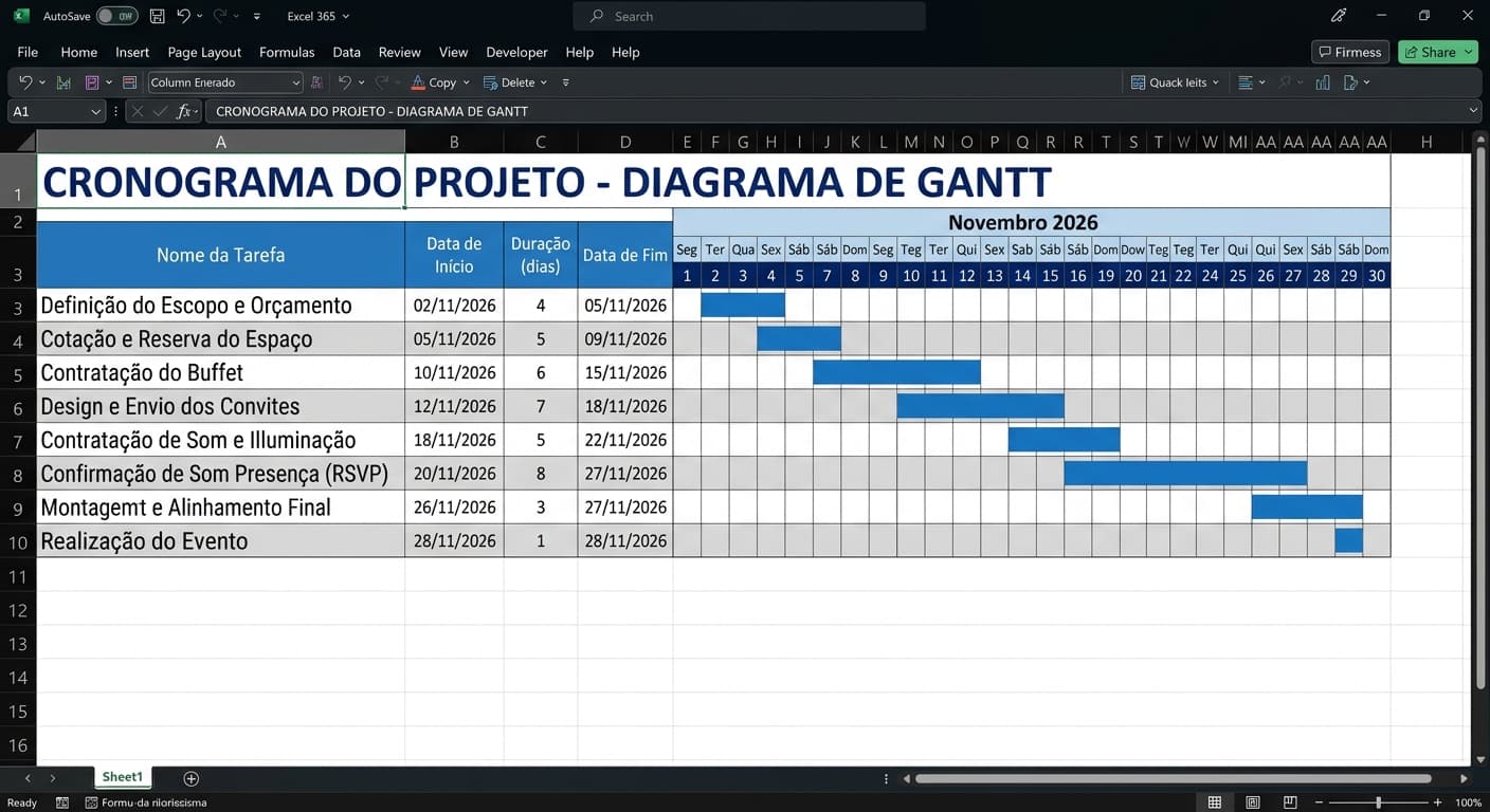 Imagem da tela de Excel sobre como deve ficar um diagrama de Gantt