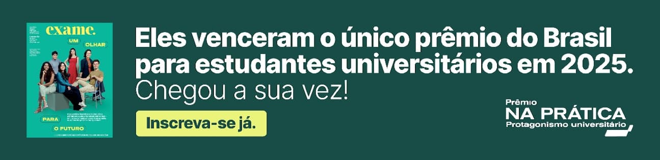 Banner vencedores Prêmio Na Prática Protagonismo Universitário 2026 com a frase de "Eles ganharam o único Prêmio do Brasil para estudantes universitários. Agora chegou a sua vez."