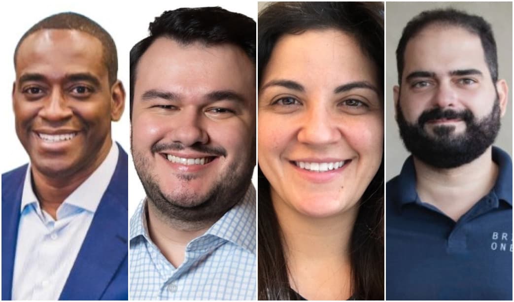 Montagem com quatro fotos lado a lado, na primeira com um homem negro, na segunda um homem branco com cerca de 40 anos, camisa azul e barba, na terceira aparece uma mulher jovem sorrindo de cabelo comprido e na última, um homem com barba volumosa e mais sério.